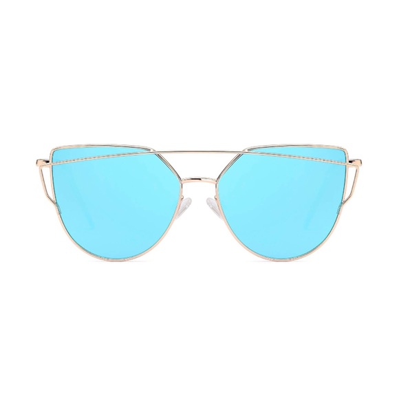 Blue Mirrored Lens Gold Frame Cat Eye Aviators - Picture 3 of 4